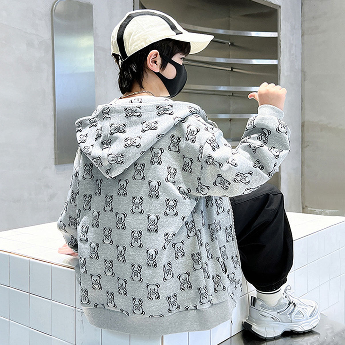 Boys Grey Teddy Printed Hooded Front Zipper Winter Jacket Sweatshirts & Hoodies
