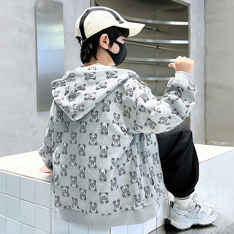 Boys Grey Teddy Printed Hooded Front Zipper Winter Jacket Sweatshirts & Hoodies