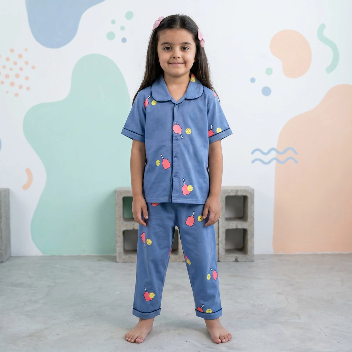 Girls Blue Printed Short Sleeve Shirt With Printed Pyjama Sets Sets Blue 6-9 M