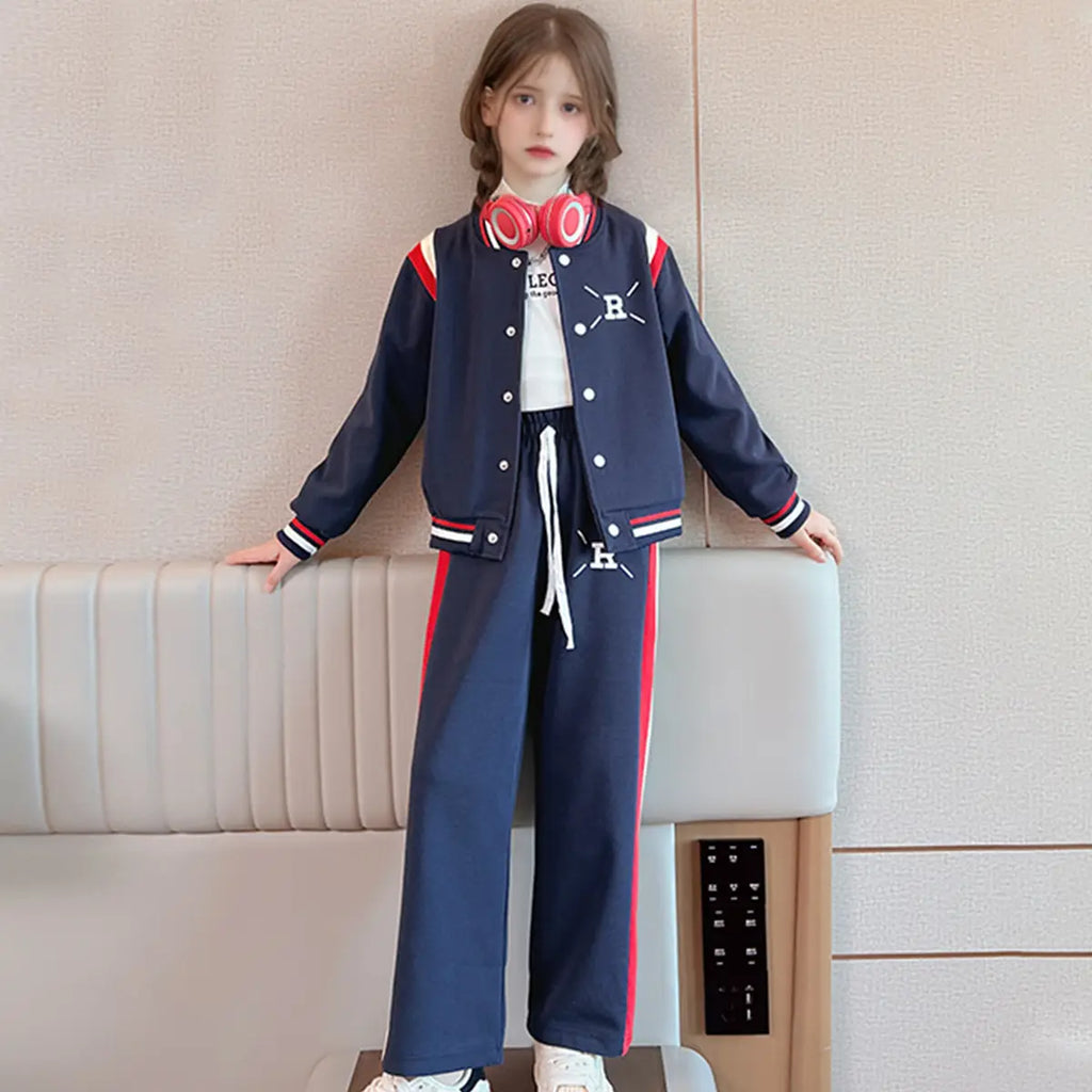 Girls Navy Blue R Letter Printed Varsity Jacket With Pants Co-ord Sets Sets