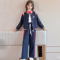Girls Navy Blue R Letter Printed Varsity Jacket With Pants Co-ord Sets Sets