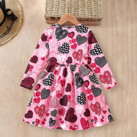 Girls Pink Heart Printed Long Sleeves Fit And Flared Dress Casual Dresses
