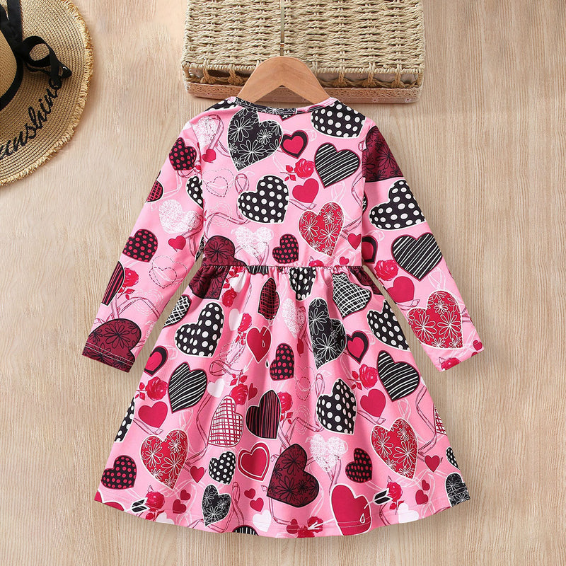 Girls Pink Heart Printed Long Sleeves Fit And Flared Dress Casual Dresses