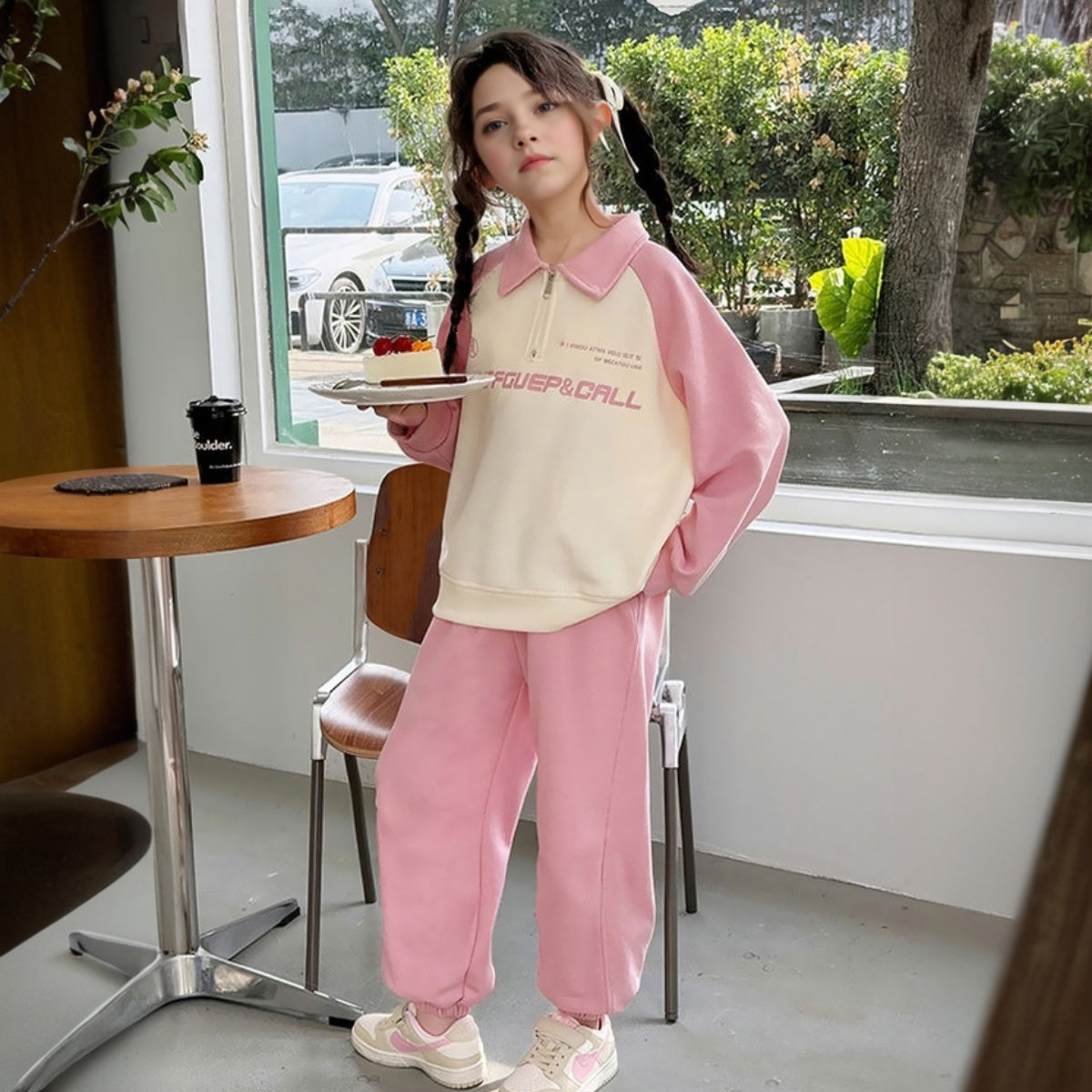 Girls Pink Typographic Printed Collared Sweatshirt With Jogger Set 2 pc. Sets