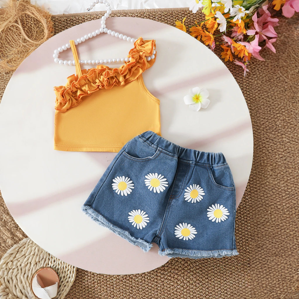 Girls Yellow Ruffle One-Shoulder Top With Daisy Print Denim Shorts Sets Sets Yellow 3-4 Y