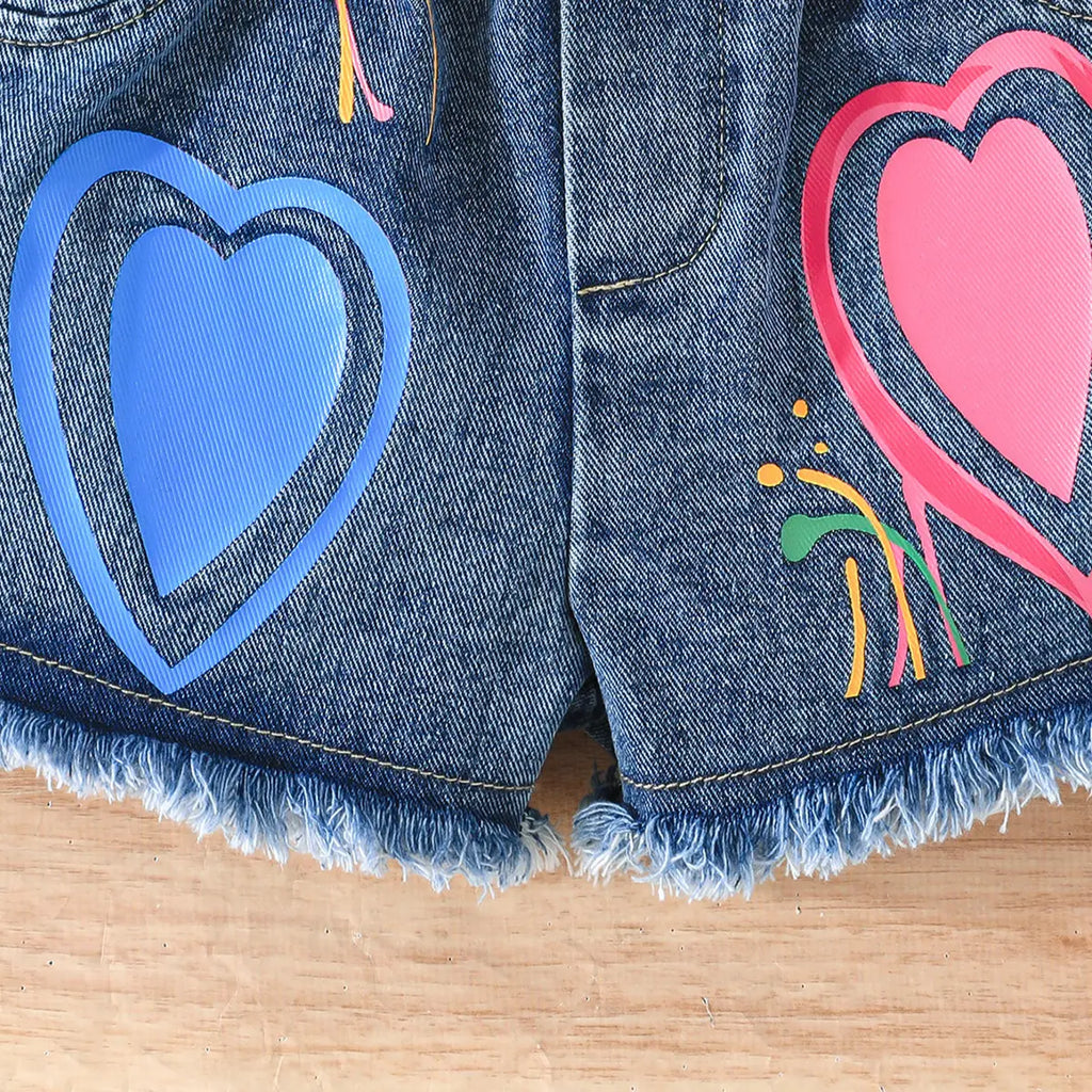Girls Pink Heart Siroski Print Top With Denim Shorts Sets 2 pc. Sets
