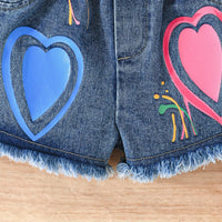 Girls Pink Heart Siroski Print Top With Denim Shorts Sets 2 pc. Sets