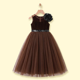 Girls Brown Floral Applique Fit & Flare Party Dress Party Dresses Brown 2-3 Y