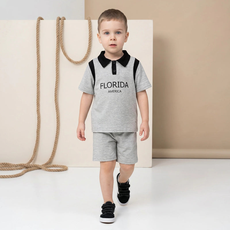 Boys Light Grey Typography Print Short Sleeve Polo T-Shirt With Shorts Sets 2 pc. Sets Light Grey 3-4 Y