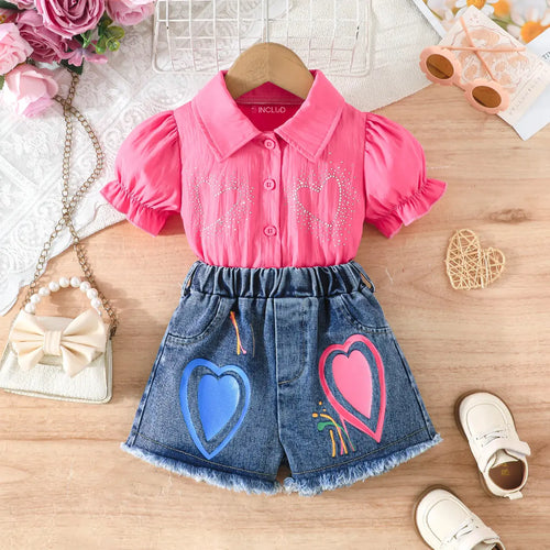 Girls Pink Heart Siroski Print Top With Denim Shorts Sets 2 pc. Sets Pink 2-3 Y