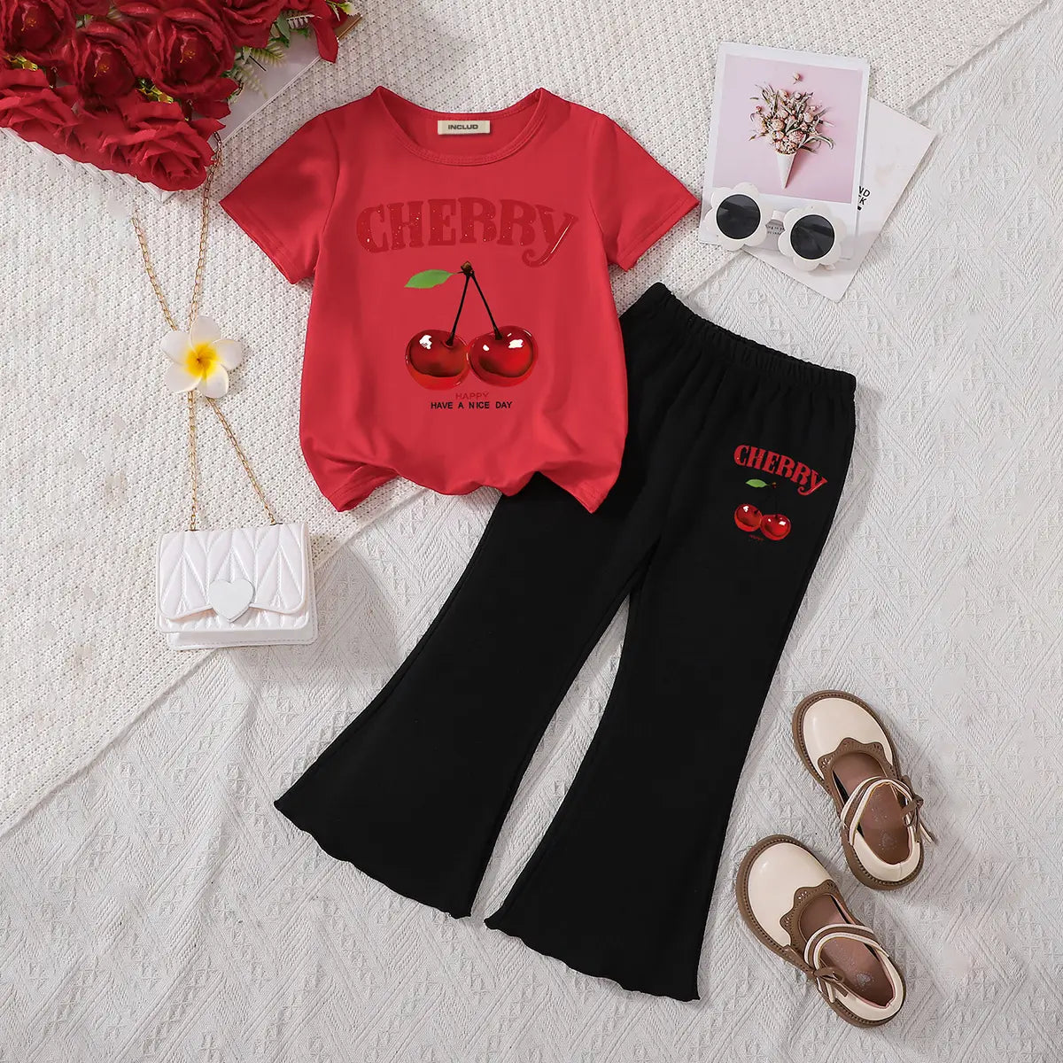 Girls Red Cherry Printed T-Shirt With Flared Pants Sets Sets Red 3-4 Y