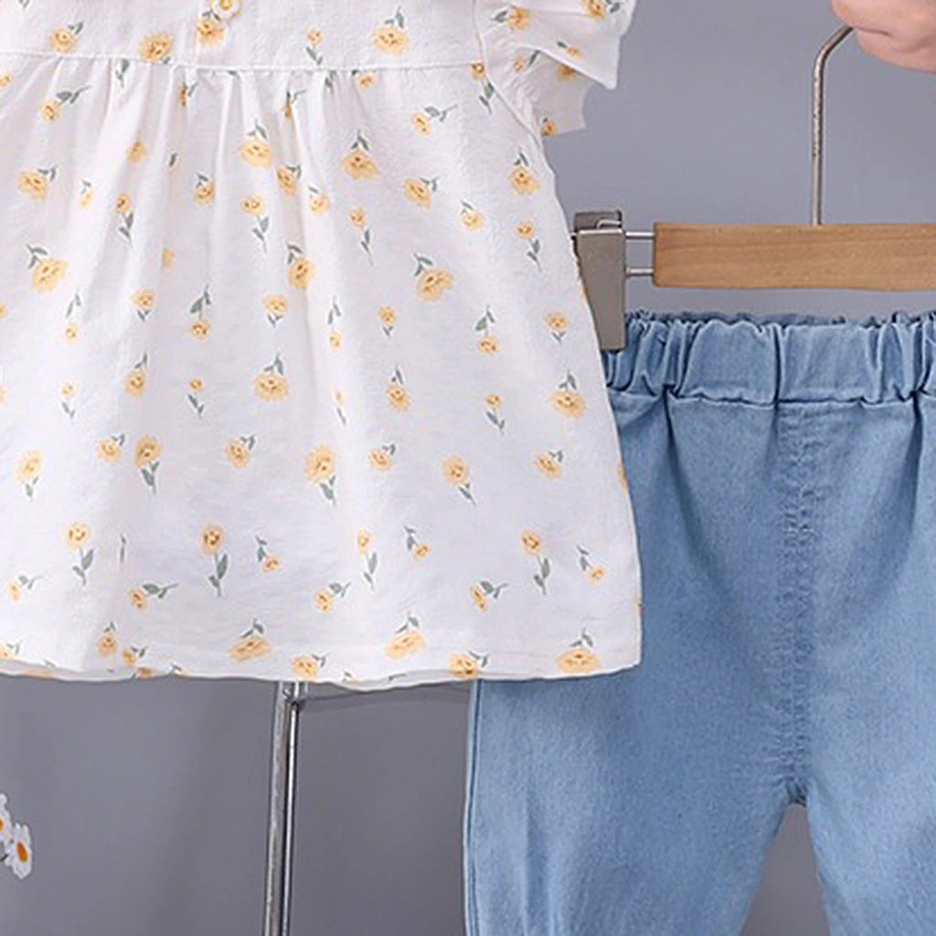 Girls Yellow Floral Printed Short Sleeve Top With Elasticated Shorts Sets 2 pc. Sets