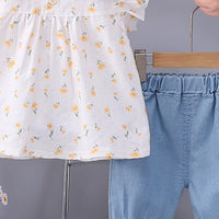 Girls Yellow Floral Printed Short Sleeve Top With Elasticated Shorts Sets 2 pc. Sets