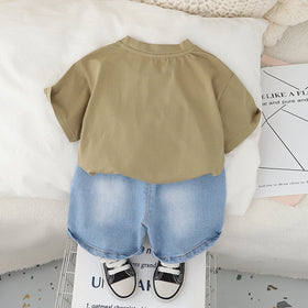 Boys Khaki Graphic Short Sleeves T-Shirt With Printed Denim Shorts Set 2 pc. Sets