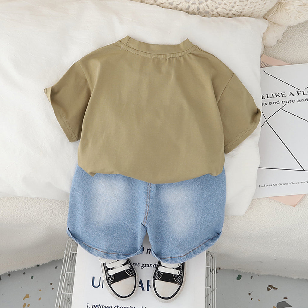 Boys Khaki Graphic Short Sleeves T-Shirt With Printed Denim Shorts Set 2 pc. Sets