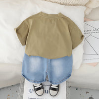 Boys Khaki Graphic Short Sleeves T-Shirt With Printed Denim Shorts Set 2 pc. Sets