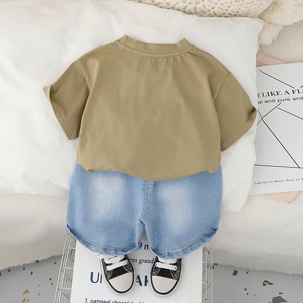 Boys Khaki Graphic Short Sleeves T-Shirt With Printed Denim Shorts Set 2 pc. Sets