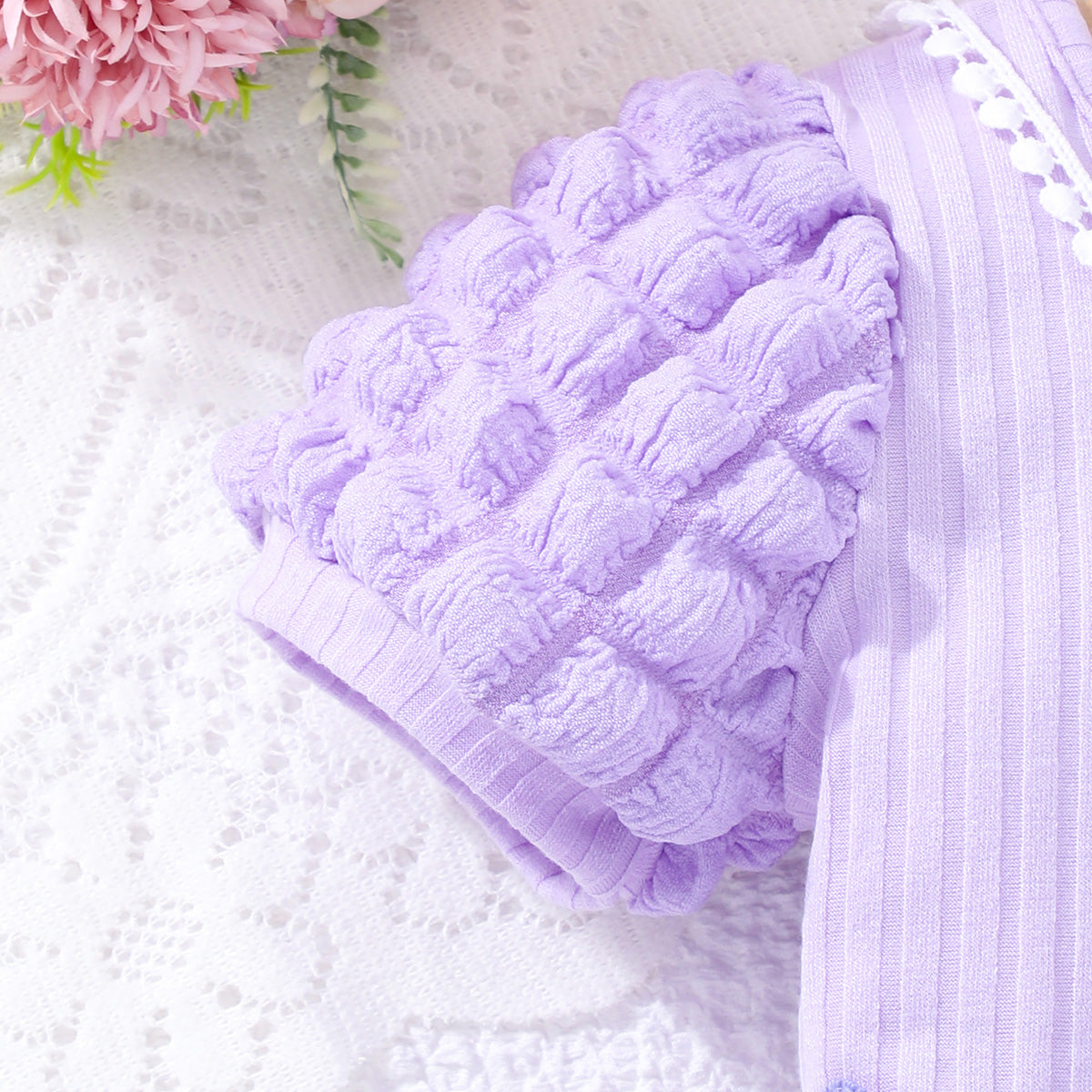 Girls Purple Ribbed Above Knee Length Jumpsuit with Sling Bag Jumpsuits