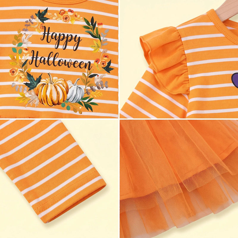 Girls Orange Happy Halloween Print Fit & Flare Dress Casual Dresses