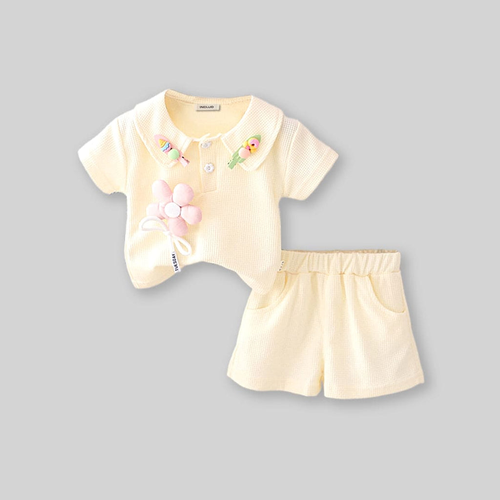 Girls Off-White Pique Polo T-shirt with Shorts Set Sets Off White 1-2 Y 