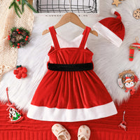 Girls Red Velveteen Sleeveless Christmas Santa Dress with Cap & Belt Party Dresses