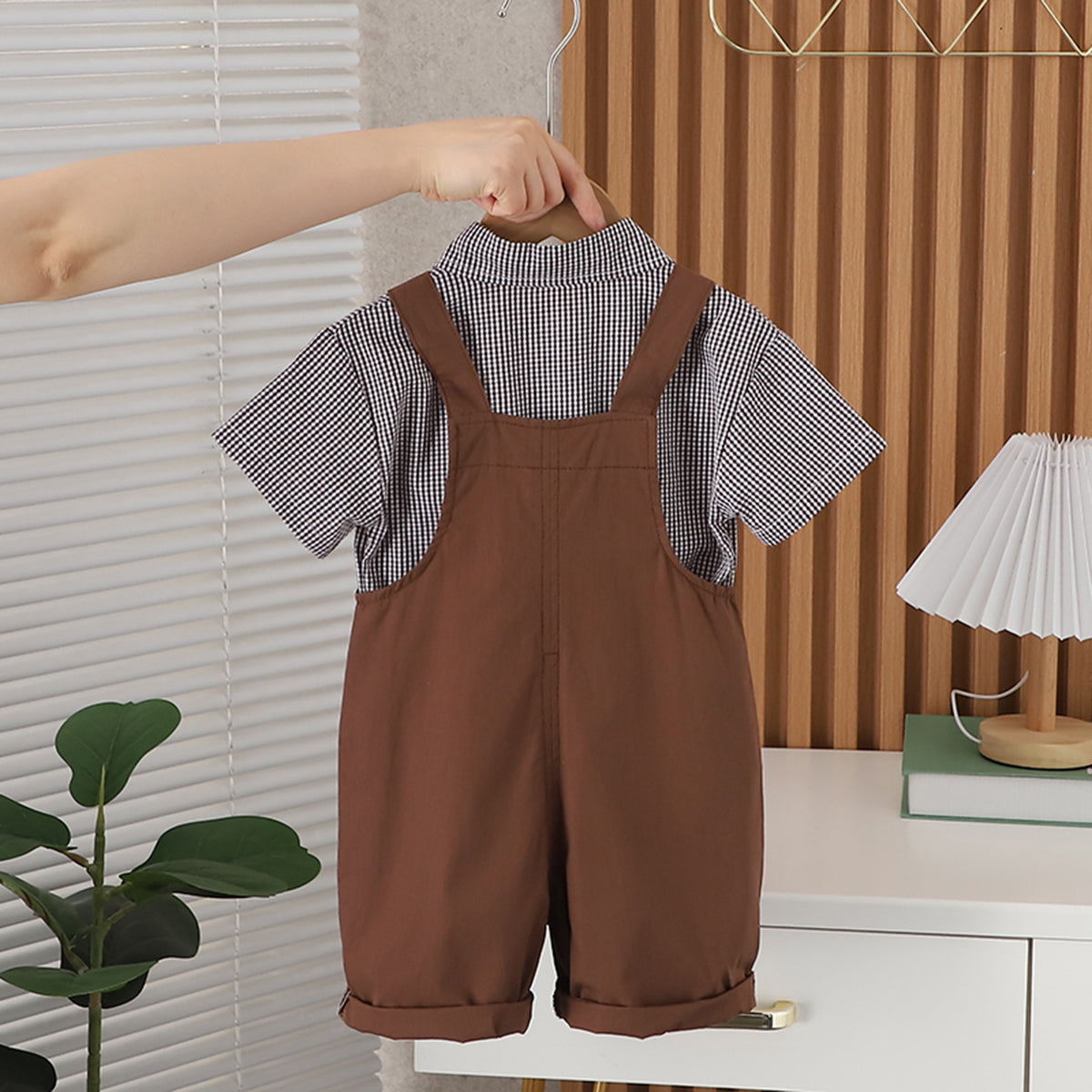 Boys Brown Gingham Check Shirt With Embroidery Applique Dungaree Set 2 pc. Sets