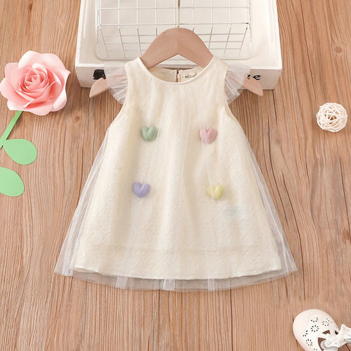 Girls Off White Heart Applique Flutter Sleeve Dress Casual Dresses Off White 1-2 Y