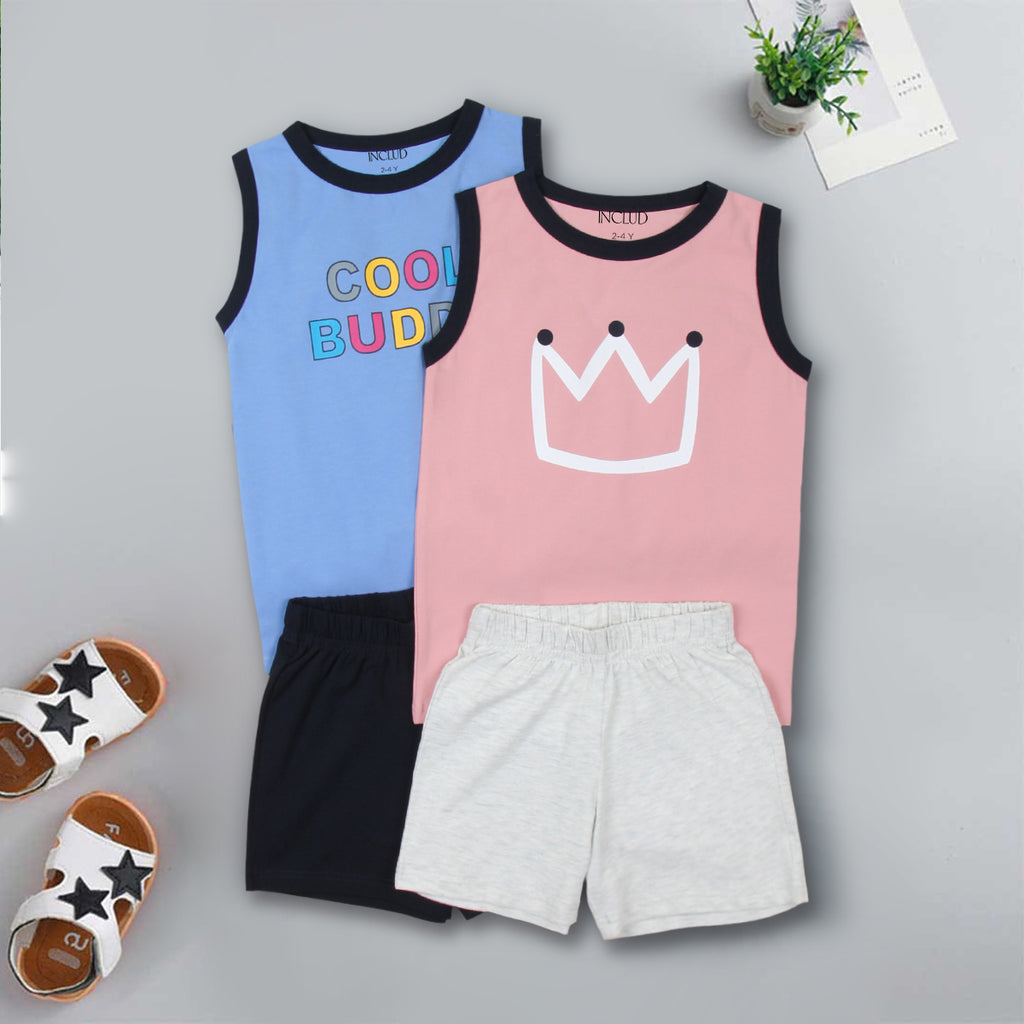 Boys Multicolor Sleeveless Printed T-Shirt With Summer Shorts Sets - Pack Of 2 Sets