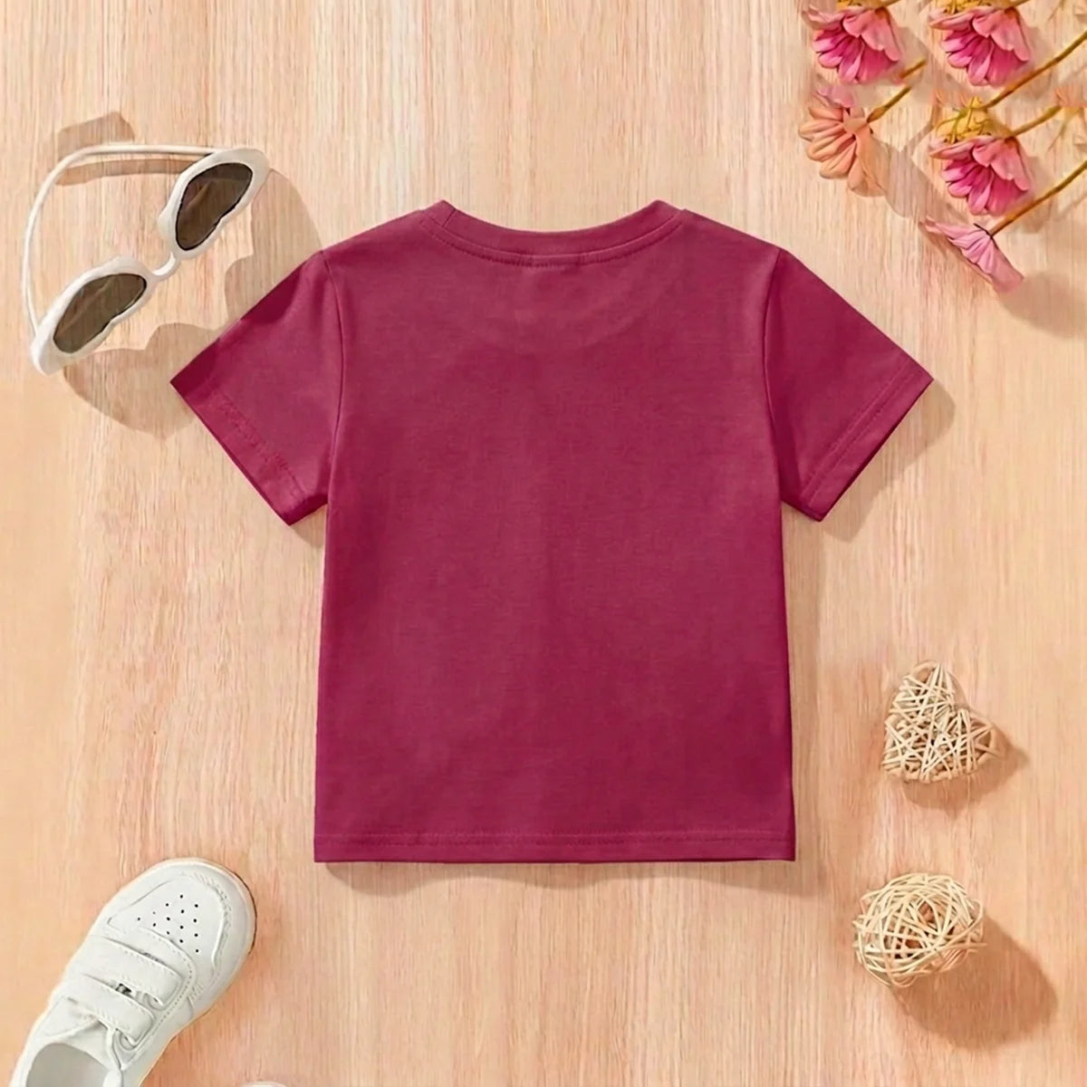 Girls Maroon Alphanumeric Print Short Sleeve T-Shirt Tshirts