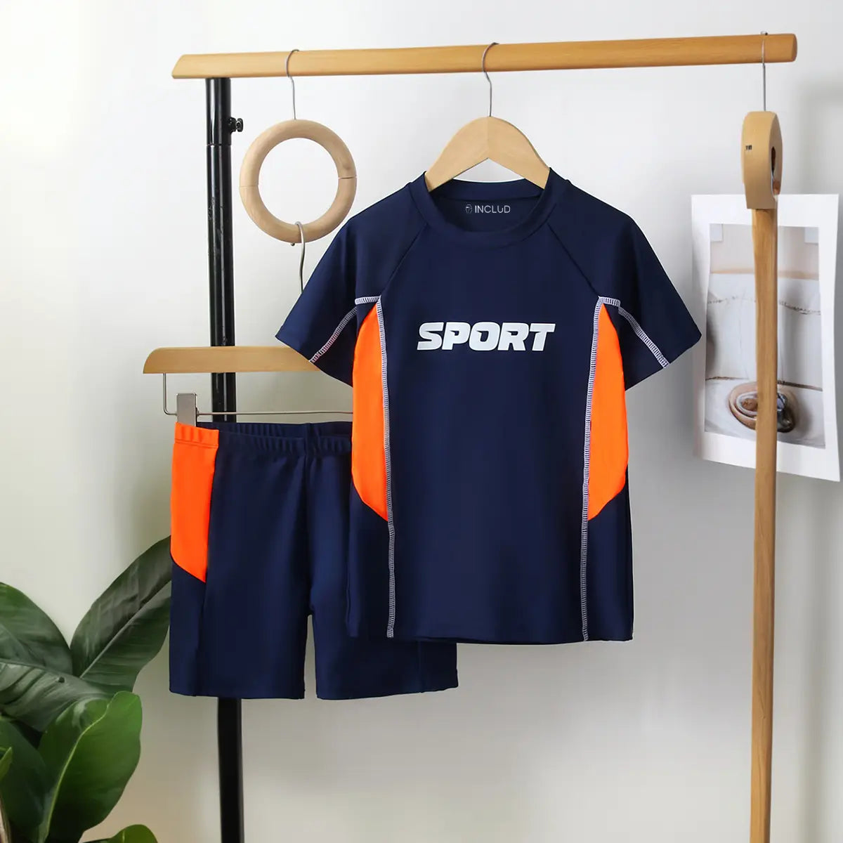 Boys Navy Blue Typographic Print T-Shirt With Shorts Swimwear Sets Beachwear Navy Blue 7-8 Y