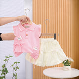 Girls Pink Cat Appliqued Flutter Sleeves Top With Balloon Shorts Set