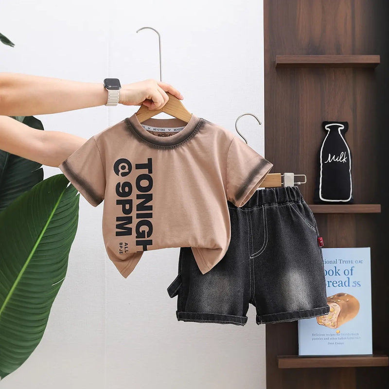 Boys Brown Typographic Print T-Shirt With Denim Shorts Set Sets Brown 1-2 Y