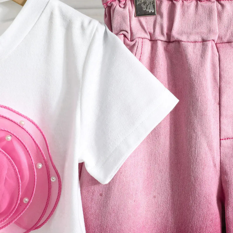 Girls Pink Flower Applique T-Shirt With Ombre Print Pants Sets Sets