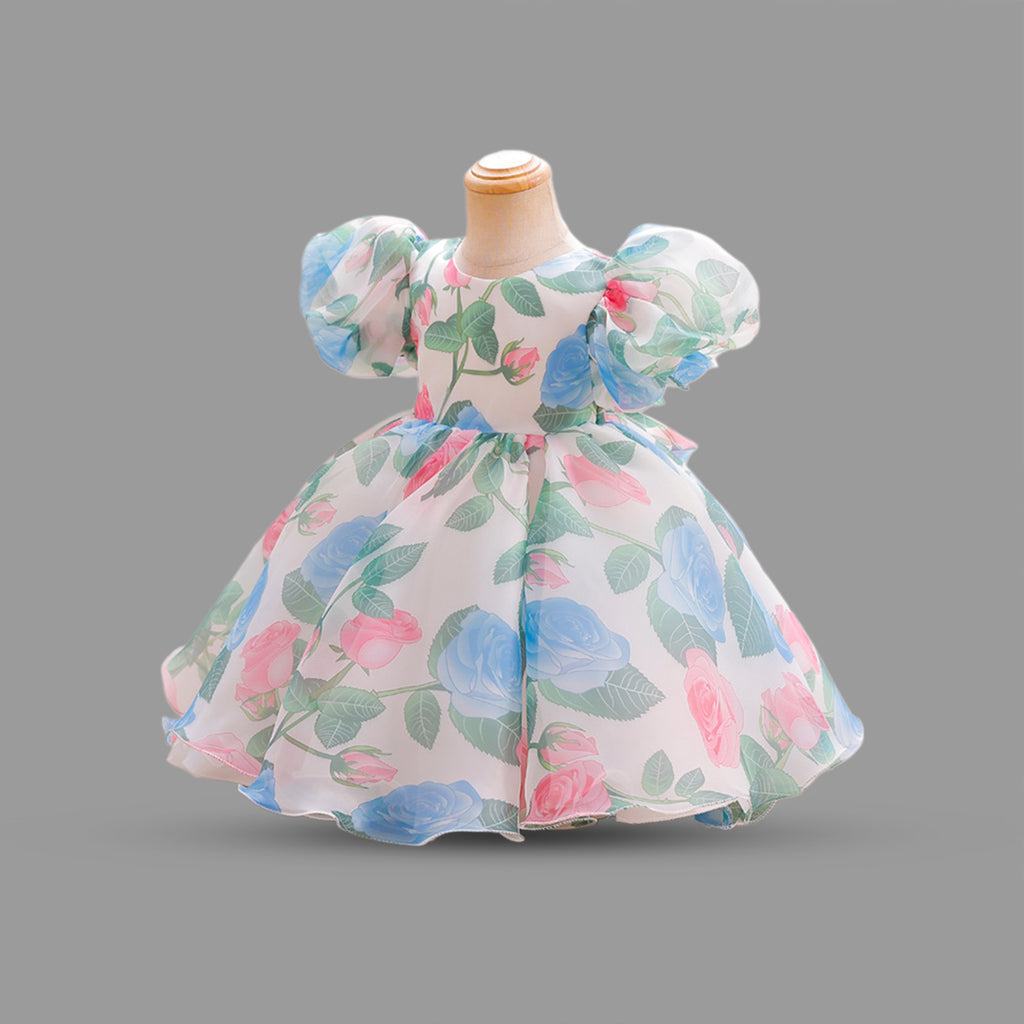 Girls Floral Print Puff Sleeves Party Dress Party Dresses   