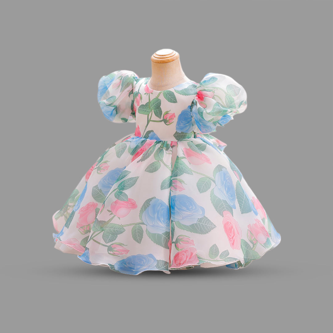 Girls Floral Print Puff Sleeves Party Dress Party Dresses   