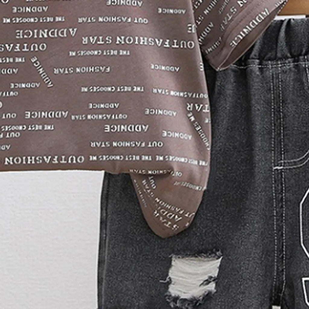 Boys Brown Typographic Print T-Shirt With Denim Shorts Set Sets