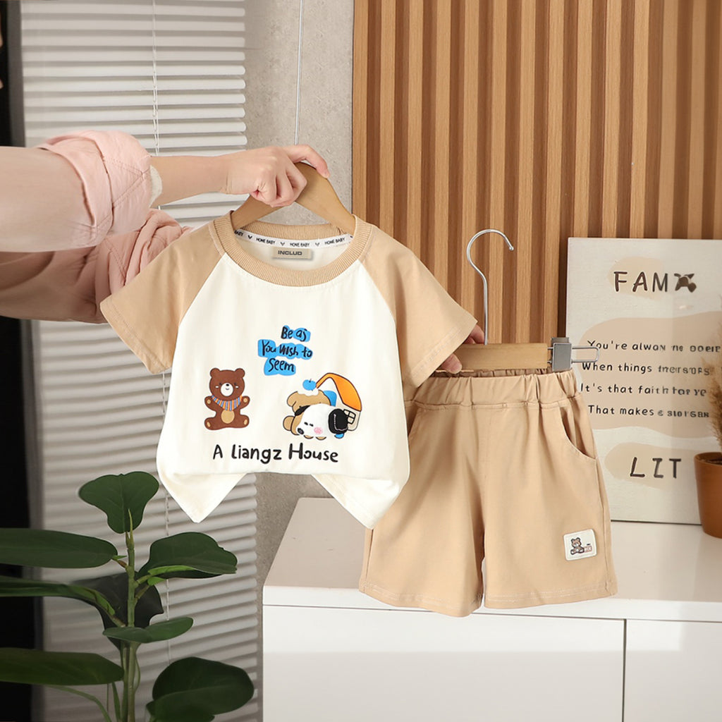 Boys Beige Cartoon Print Raglan Sleeves T-Shirt with Shorts Set Sets Beige 1-2 Y