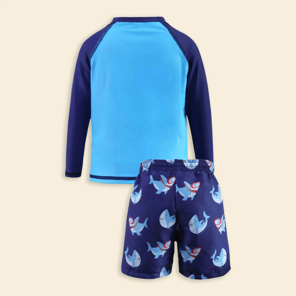 Boys Sky Blue Shark Printed Long Sleeves T-Shirt & Shorts Swimsuit Sets Sets