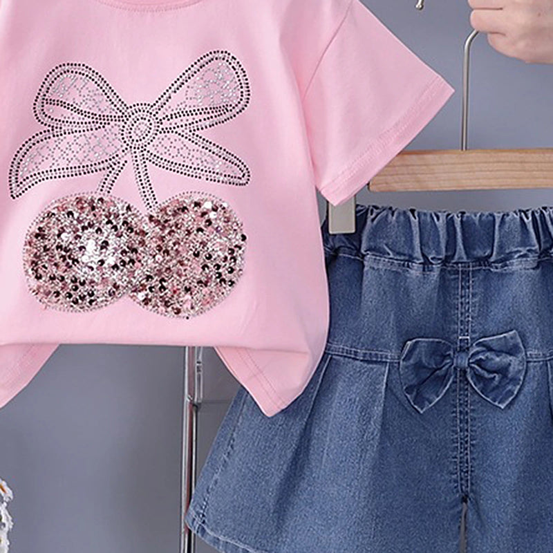 Girls Light Pink Cherry Bow Embellished T-Shirt With Denim Shorts Sets 2 pc. Sets