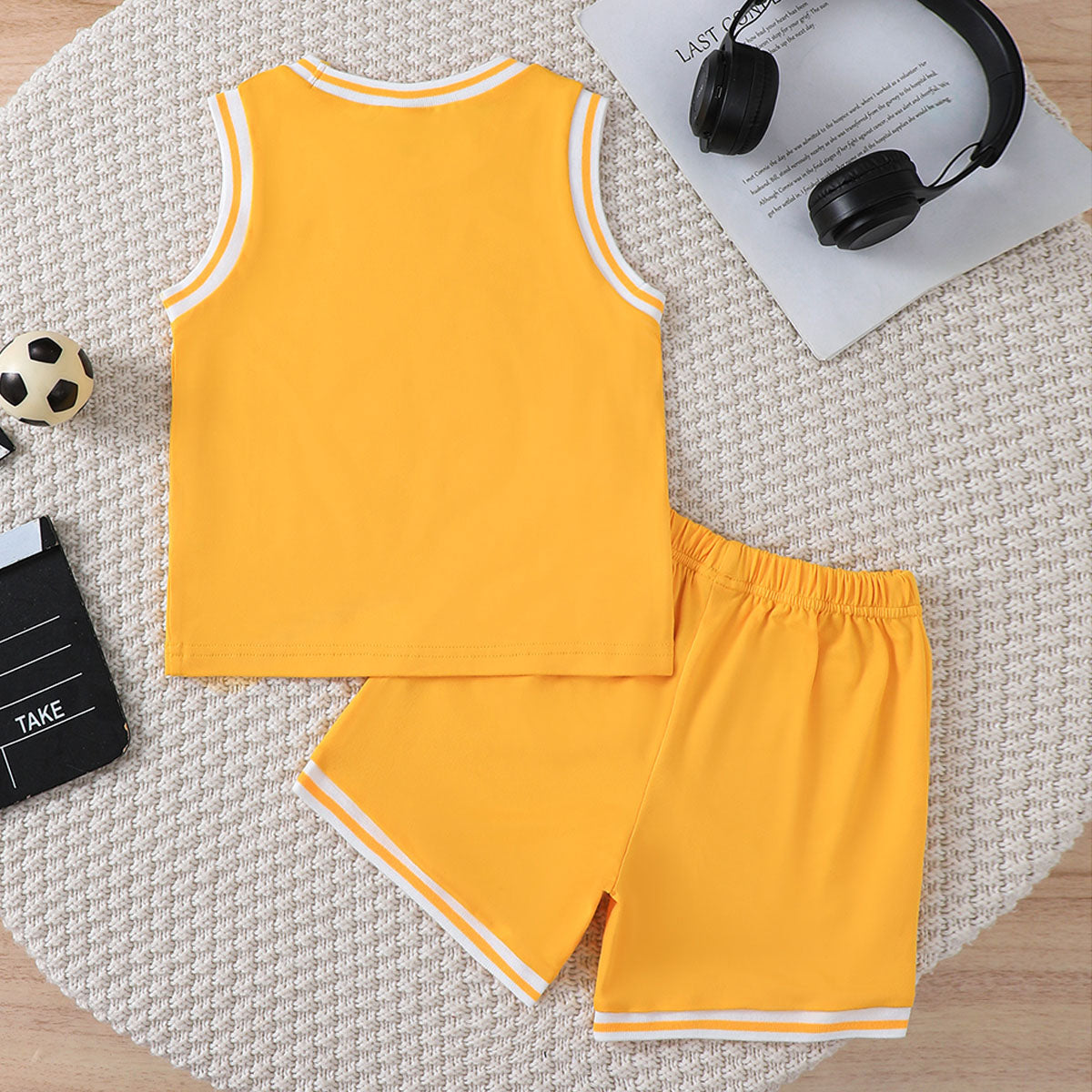 Boys Yellow Alphanumeric Printed Sleeveless T-Shirt With Shorts Summer Co-ord Set 2 pc. Sets