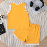 Boys Yellow Alphanumeric Printed Sleeveless T-Shirt With Shorts Summer Co-ord Set 2 pc. Sets