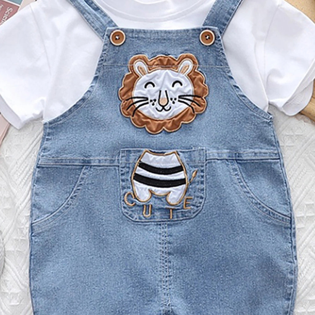 Boys White Lion Applique Short Sleeve T-Shirt With Denim Dungaree Sets 2 pc. Sets