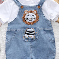 Boys White Lion Applique Short Sleeve T-Shirt With Denim Dungaree Sets 2 pc. Sets