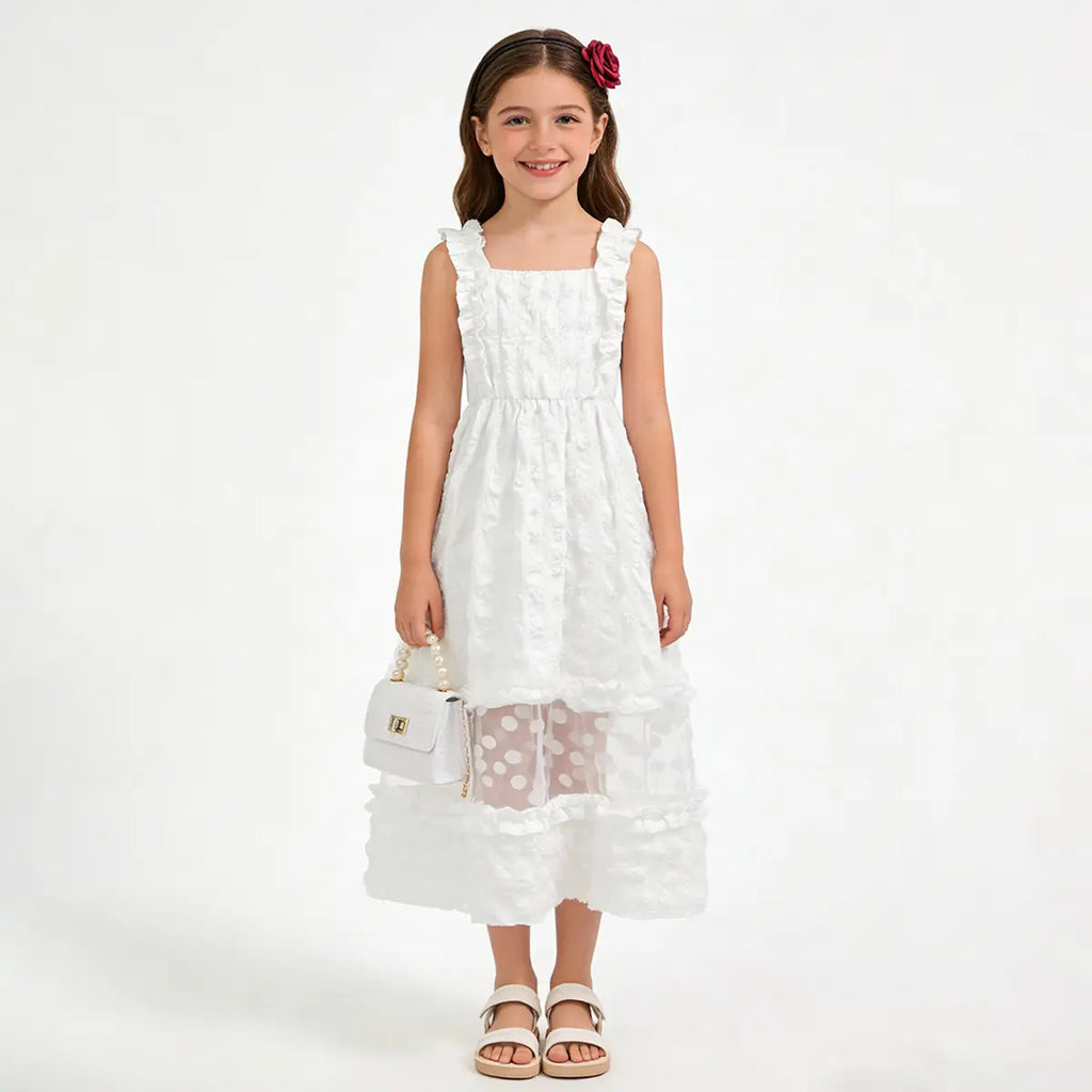 Girls White Sleeveless A-line Midi Dress With Ruffle Details Casual Dresses White 7-8 Y