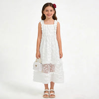 Girls White Sleeveless A-line Midi Dress With Ruffle Details Casual Dresses White 7-8 Y