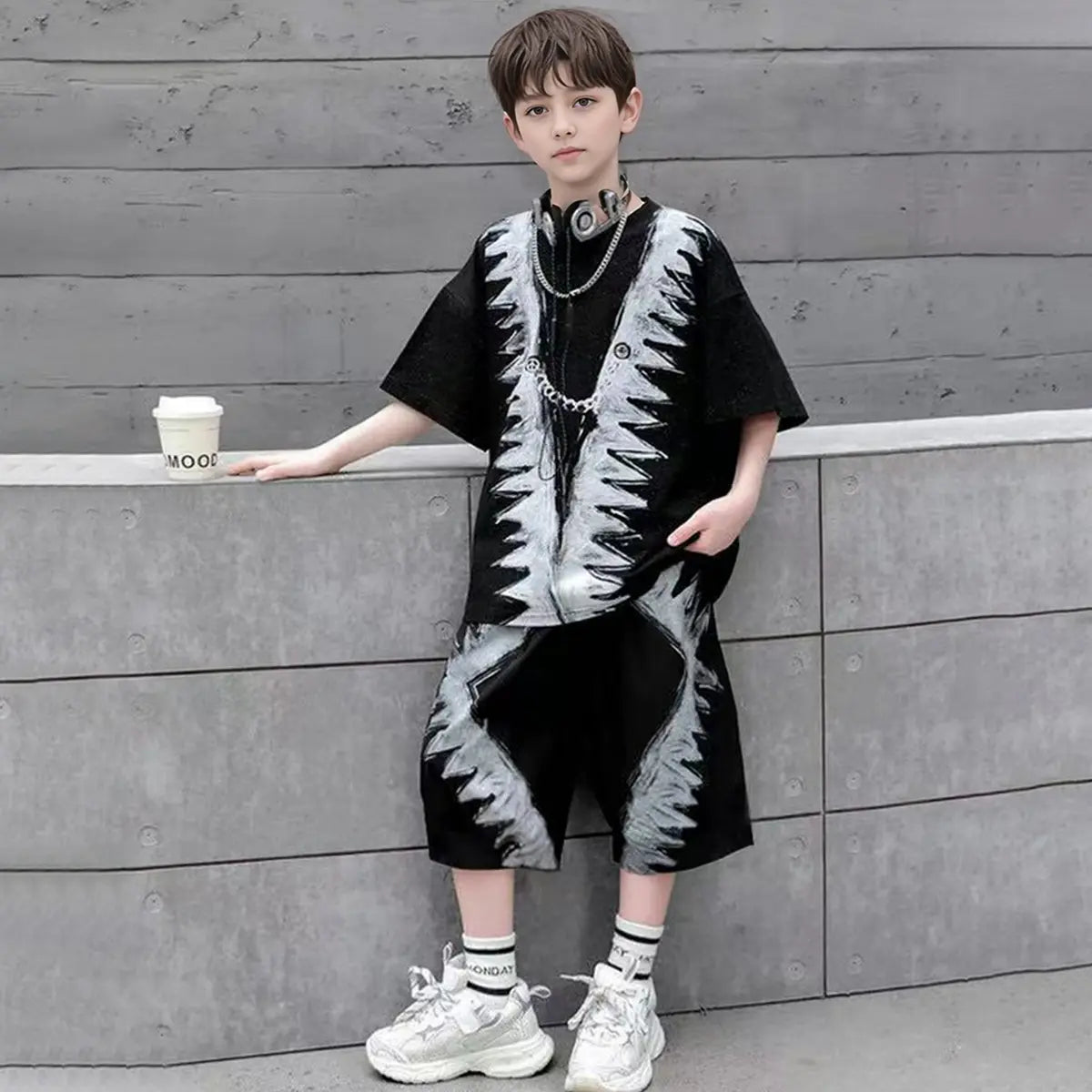 Boys Black Abstract Printed Oversized T-Shirt With Shorts Co-ord Sets Sets