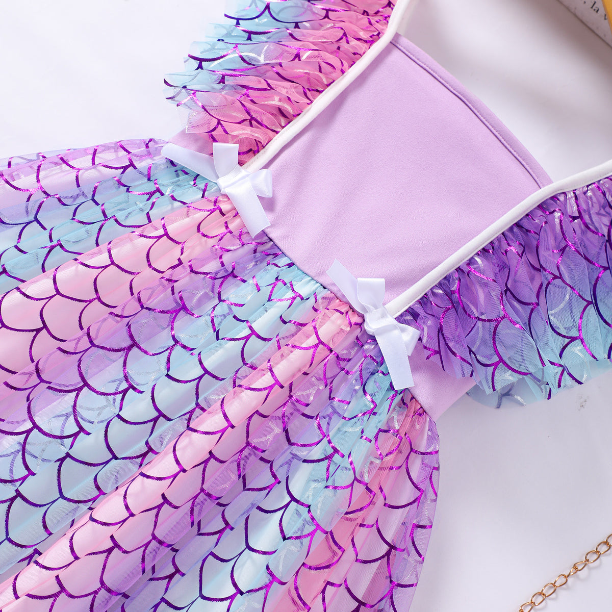 Girls Purple Mermaids Printed Square Neck Dress Casual Dresses