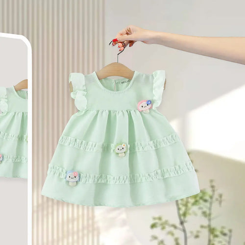 Girls Light Green Mushroom Applique Round Neck Tiered Dress Casual Dresses Light Green 1-2 Y