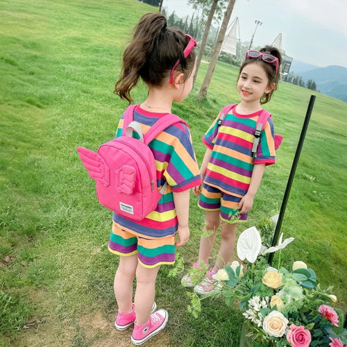 Girls Multicolor Striped Drop Shoulder T-Shirt With Shorts Sets Sets