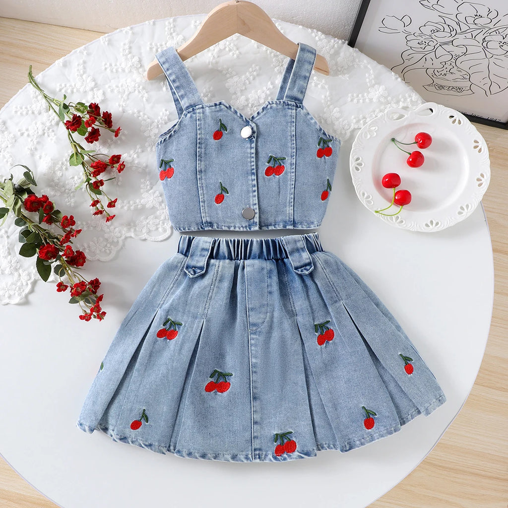 Girls Blue Cherry Embroidered Sleeveless Denim Crop Top with Pleated Skirt Sets 2 pc. Sets Blue 2-3 Y